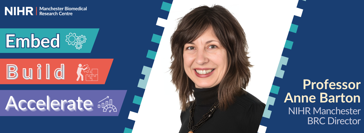 Embed, Build, Accelerate. Professor Anne Barton, NIHR Manchester BRC Director.