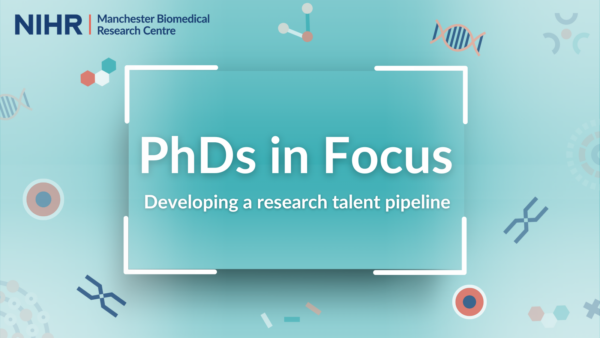 A graphic which reads 'PhDs in Focus: Developing a research talent pipeline'. The background is light blue and there are white, navy and coral coloured symbols including a DNA helix and chromosome.