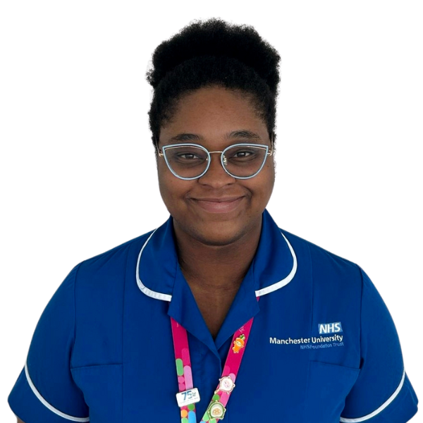 Pearl Kadiri wearing a blue midwife uniform and pink lanyard