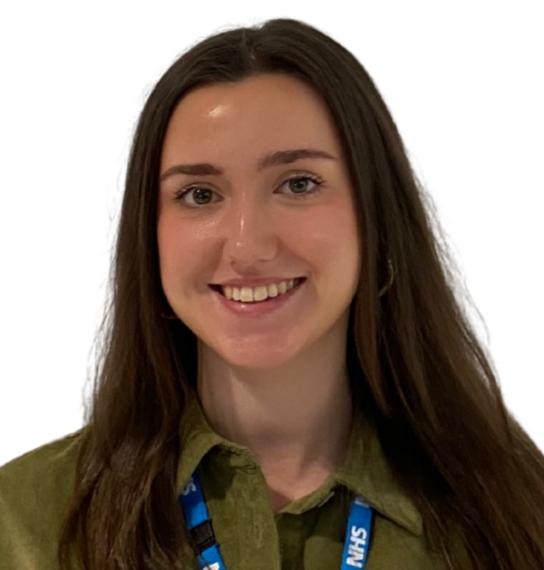 Evie Cartmill wearing a khaki green jacket and blue NHS lanyard
